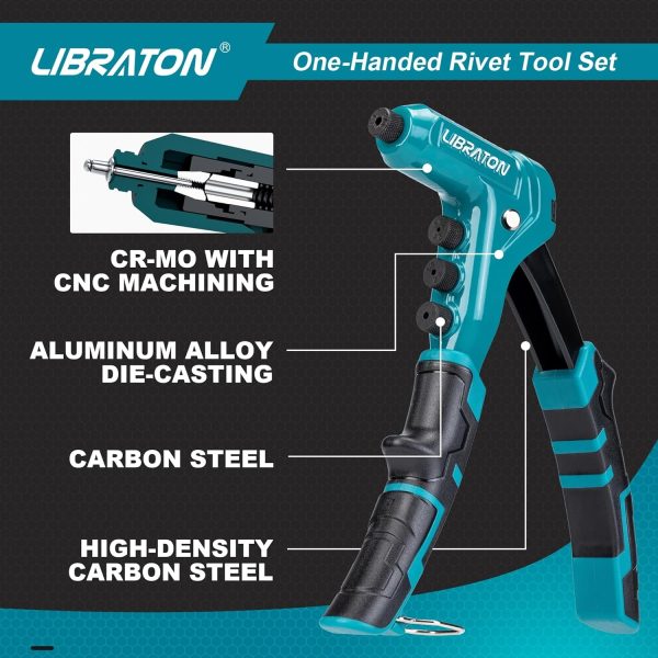 Libraton One-Handed Rivet Gun, Pop Rivet Gun Set, Professional Hand Riveter, Manual Riveting Tool with 200 Rivets for Metal, Includes 4 Drill Bits, 4 Tool-Free Interchangeable Heads, Storage Case - Image 5