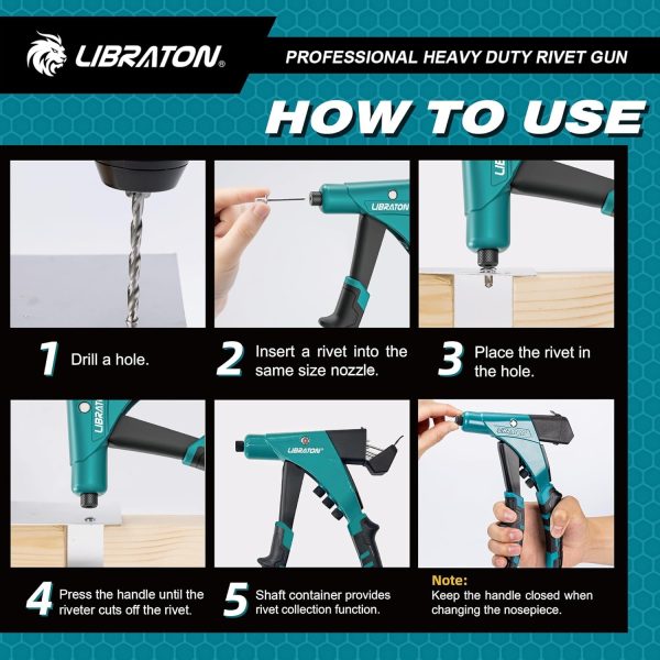 Libraton One-Handed Rivet Gun, Pop Rivet Gun Set, Professional Hand Riveter, Manual Riveting Tool with 200 Rivets for Metal, Includes 4 Drill Bits, 4 Tool-Free Interchangeable Heads, Storage Case - Image 17