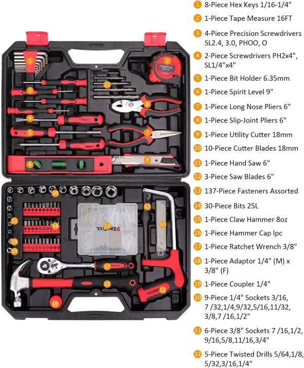 KingTool Home Tool Set Kit - 286 PCS Home Auto Repair Tool Kit with Rolling Tool Box, Mechanic Tool Sets with 21V Max Cordless Power drill, Perfect for Homeowner, Diyer, Handyman - Image 11