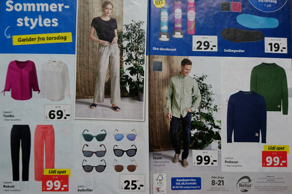 Одежда из конопли (hampfibre). Рекламный журнал датского супермаркета, 1 июл. 2022
