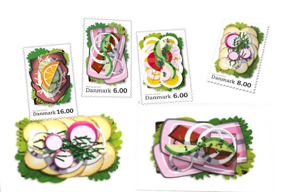 Смёрребрёд на открытках и почтовых марках, выпущенных в Дании в 2012 году