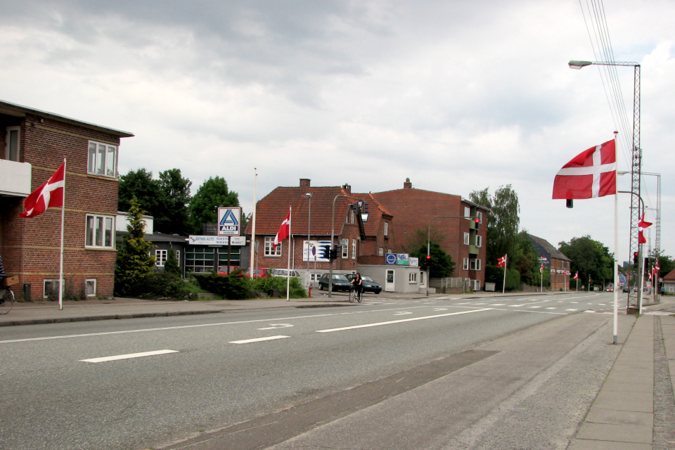 По случаю дня конституции в г. Обюхой, флаги вдоль дороги Силькеборгвай (Silkeborgvej)