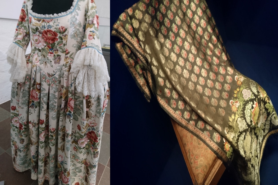 Платье королевы Каролине Матильде и шелковая шаль с розами знатной дамы