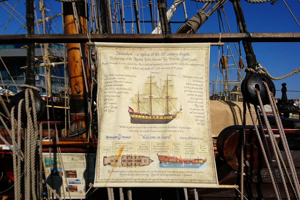 Информационный плакат с иллюстрацией фрегата Штандарт с разных сторон