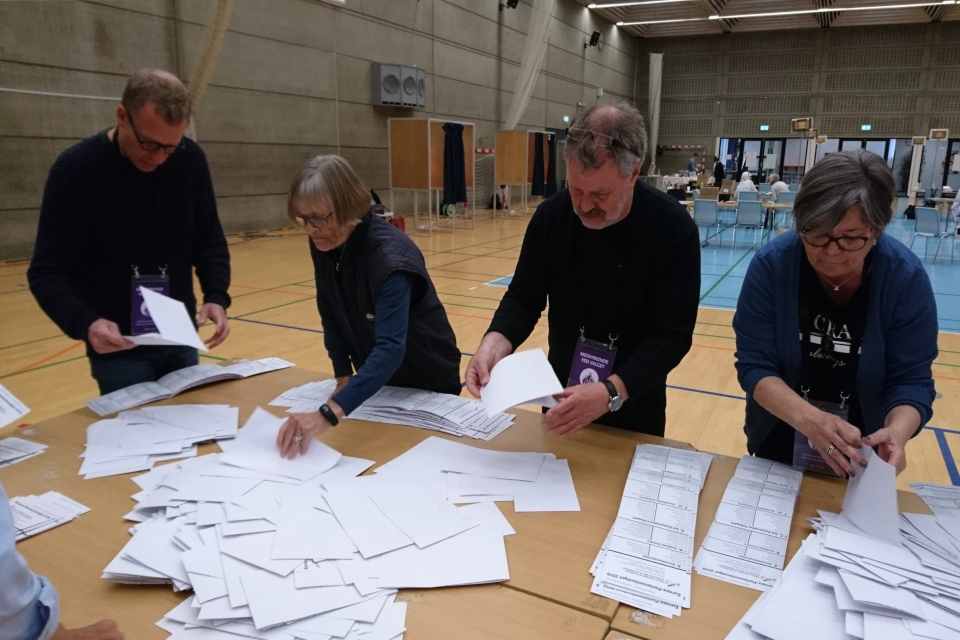 Сортировка бюллетеней и подсчет голосов. Фото 26 мая 2019, г. Холме / Holme, Дания