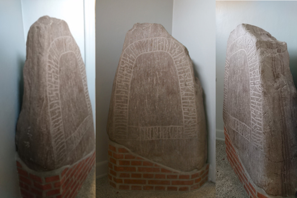 Рунный камень с трех сторон. Фото 1 окт.2019, библиотека г. Хобро / Hobro, Дания