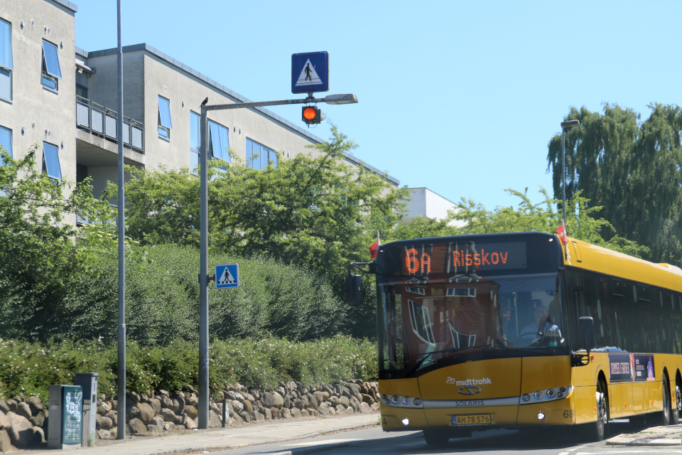 Флажки украшают городской автобус. Фото 15 июня 2020, г. Вибю / Viby, Дания