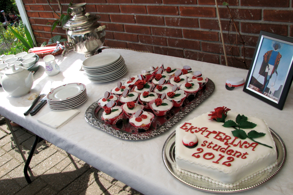 Торт и пирожные со студенческими шапочками и самовар для красоты и уюта