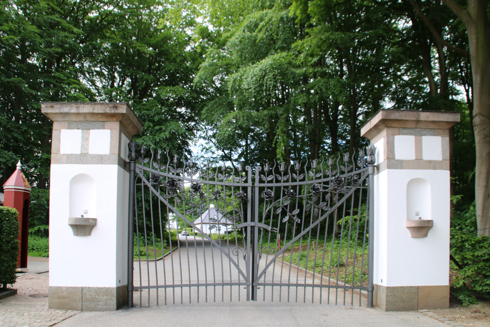 Ажурные кованые ворота с розами у входа в королевский парк Марселисборг