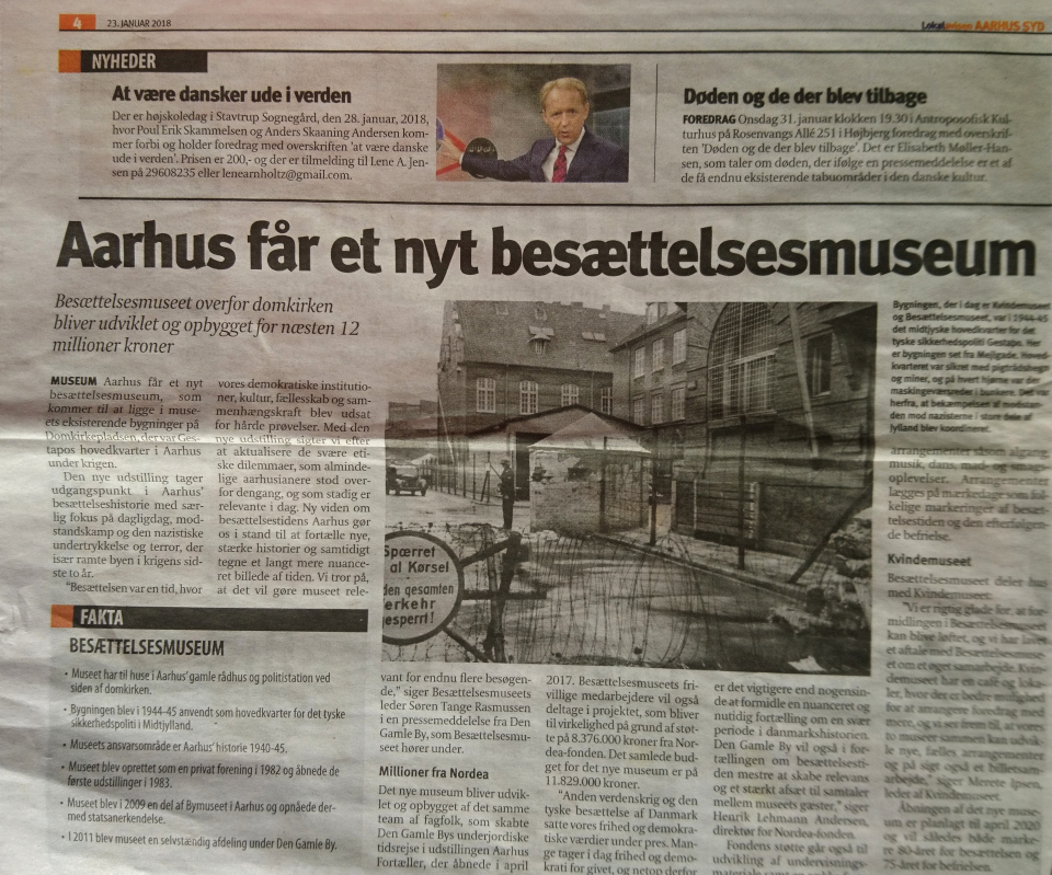 Статья из газеты Aarhus Onsdag от 23 янв. 2018 со старой фотографией, сделанной возле здания старой ратуши Орхуса в конце войны