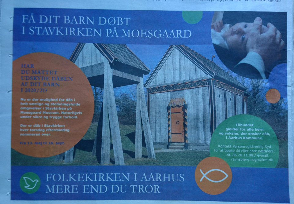 Реклама про крещение в церкви викингов Хёрнинг в газете Århus Onsdag, 11 июл. 2021