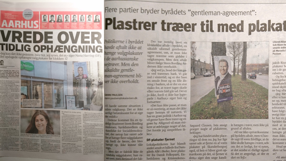 Статьи в газете Aarhus Onsdag про нарушения размещения плакатов, Дания. 25 окт. и 10 нояб. 2021