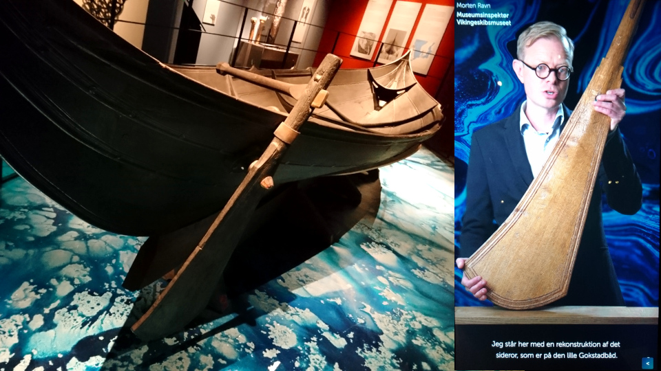 Лодка Гокстад и копия с экрана, на котором изображена реконструированное весло маленькой лодки. Фото 12 дек. 2021, музей Мосгорд, г. Орхус, Дания