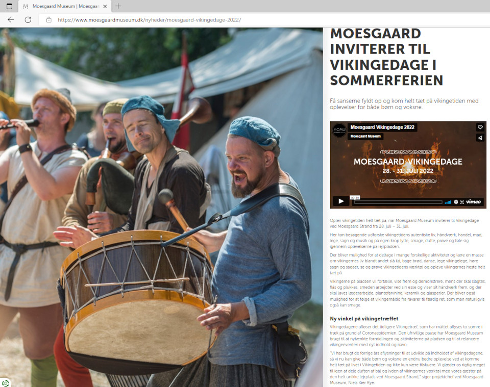 Скриншот рекламы новой концепции фестиваля викингов на странице музея Мосгорд, авг. 2022