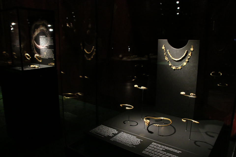 Артефакты, золотые изделия. Гунны, выставка "Вперед из хаоса", музей Мосгорд, г. Орхус, Дания. 12 ноября 2022 