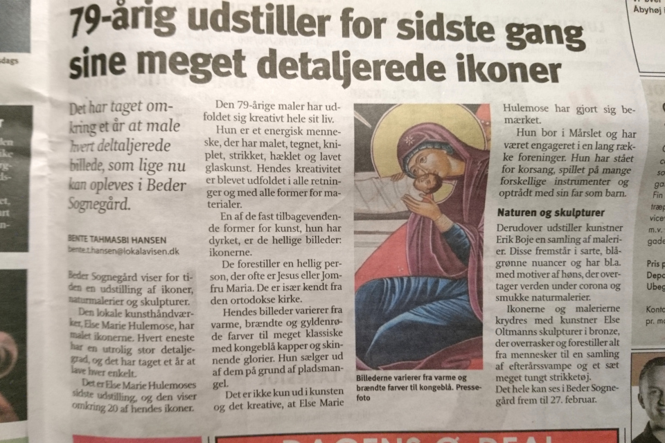 Статья в газете Орхус Онсдаг про иконы Эльзе Марие Хьюлемос, Дания. 1 фев. 2023
