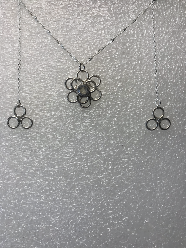 Flower Necklaces with clear crystal, design, recycle silver, chain, pendant.