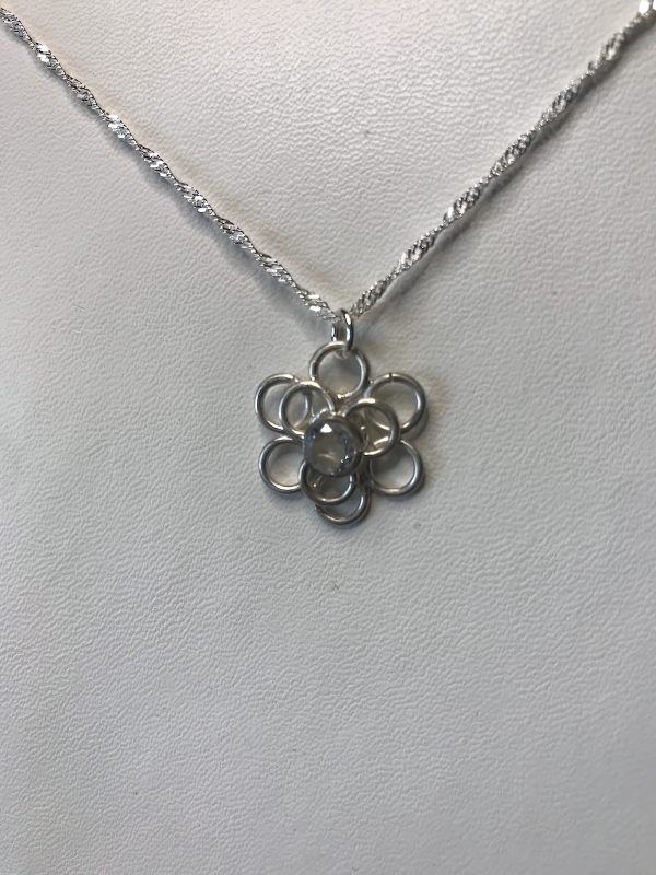 Flower Necklaces with clear crystal, design, recycle silver, chain