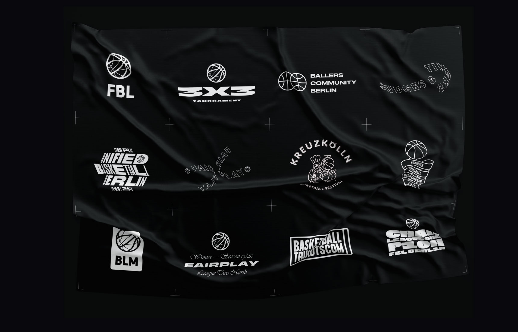 Overview of Logos we designed for FBL Freizeit Basketball Liga printed on a piece of cotton 