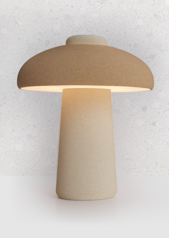Myco, a sustainably produced table lamp with clean Scandinavian look, 3d printed with high quality wood PLA, inspired by nature and the world of fungi,