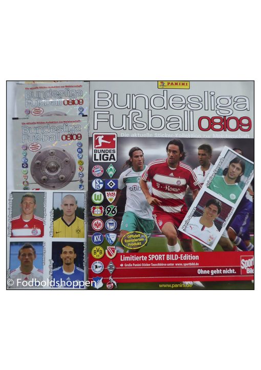Panini Bundesliga Fusball 08/09 - Tomt album med 6 løse kort og 2 uåbnet pakker