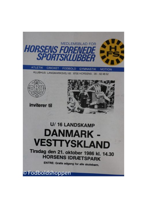 Kampprogram U16 landskamp DK - Vestyskland 21/10-1986