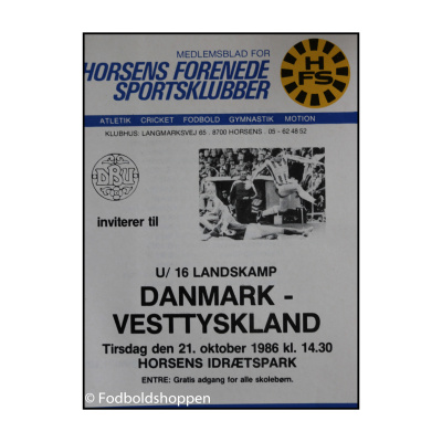 Kampprogram U16 - Danmark - Vesttyskland 21/10-1986