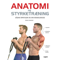 Anatomi og styrketræning (2023 udgave) bog med illustrationer af muskelgrupper og træningsøvelser