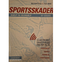 Forside af bogen “Sportsskader – hjælp til selvhjælp” af Malcolm Read og Paul Wade med illustreret motiv og rød-blå tekst.