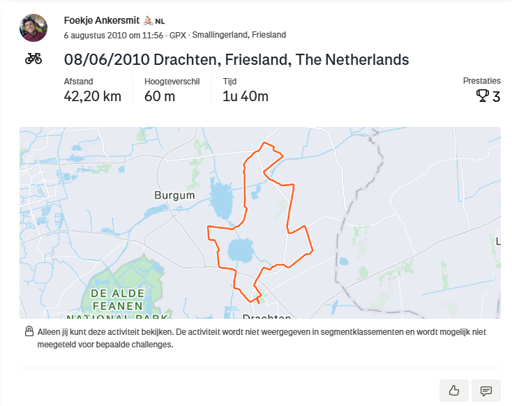 Mijn eerste strava registratie op 6-8-2010
