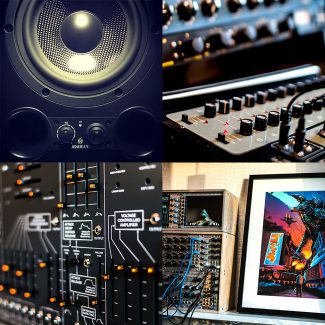 Four close-up images of studio equipment