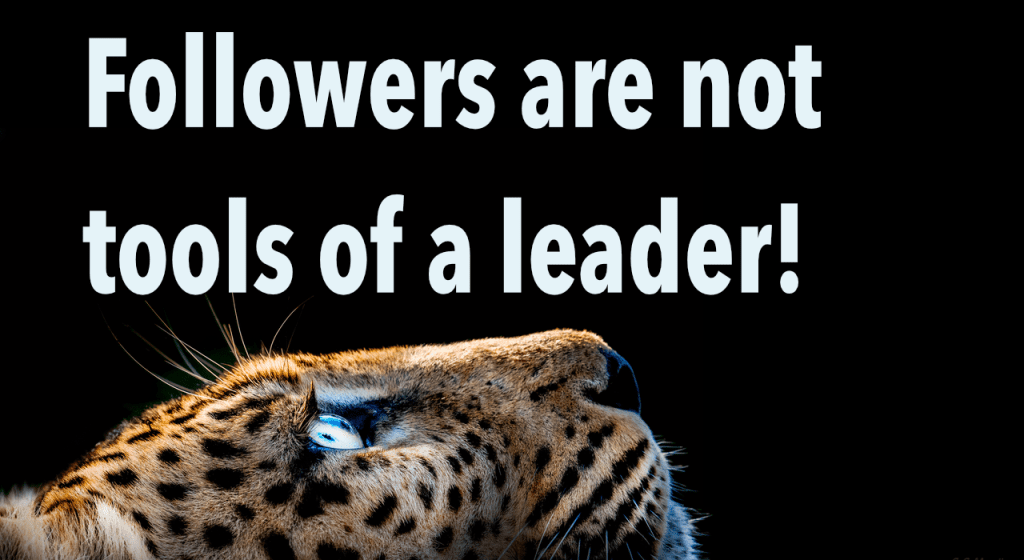 Bild på leopard med texten: Följare är inte ledarens verktyg"