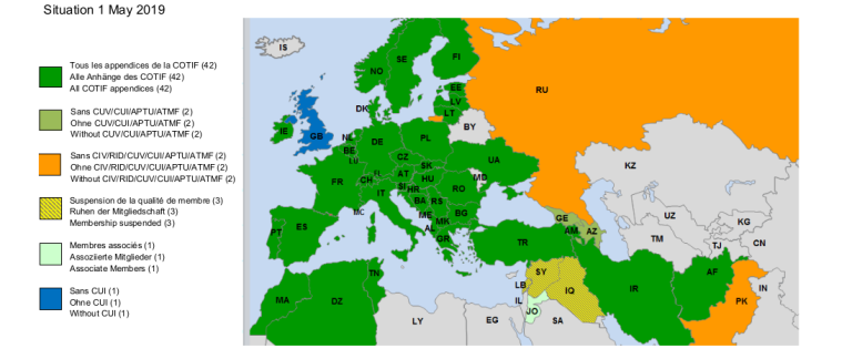 Konventionen om international jernbanetransport dækker langt flere lande end EU. Illustration fra COTIF og Den Internationale Komité for Jernbanetransport (CIT).