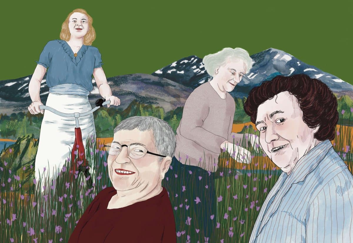 Teckning föreställande fyra kvinnor och fjäll. Illustration av Alma Thörn