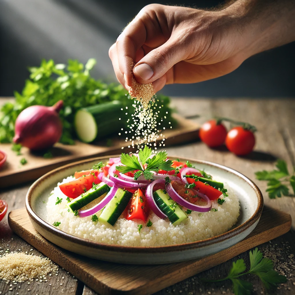un plat de fonio cuit sur lequel une main saupoudre de légumes frais colorés comme des tomates cerises, du concombre, des oignons rouges et du persil