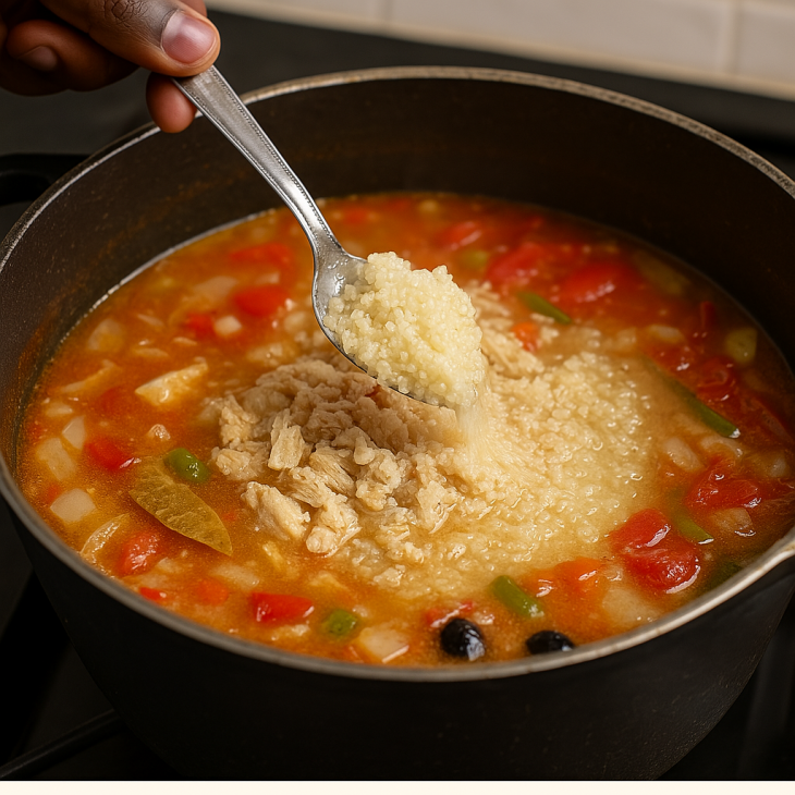 Ajout du fonio dans le bouillon â Le fonio est versĂ© en pluie dans la marmite, enrichi de poisson Ă©miettĂ© et lĂ©gumes, pour une soupe onctueuse et nourrissante.