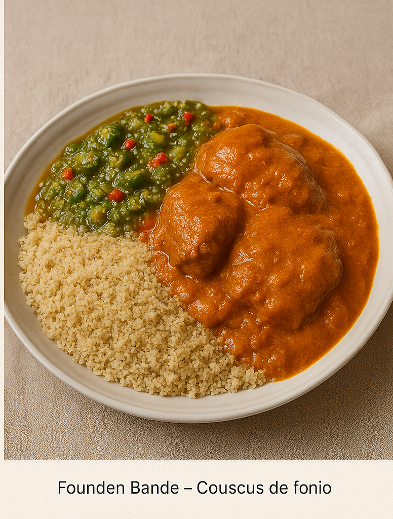 Founden Bande – Plat traditionnel guinéen à base de fonio, accompagné de sauce d’arachide onctueuse et de sauce gombo parfumée. Une explosion de saveurs authentiques d’Afrique de l’Ouest.