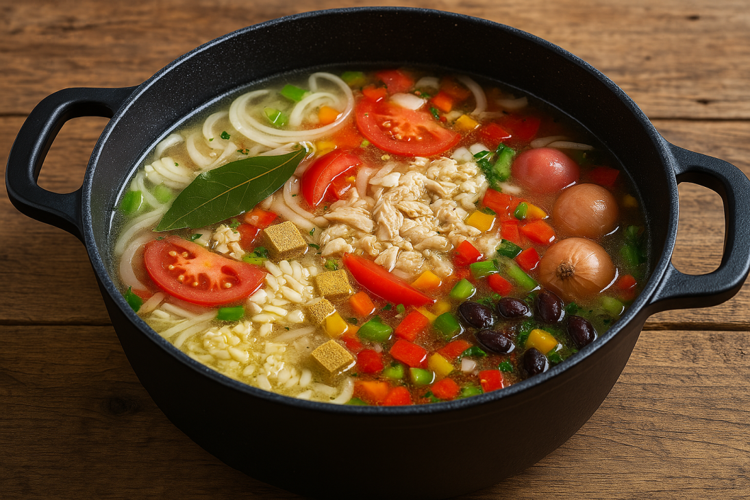 PrĂ©paration du bouillon pour la soupe de fonio â Oignons, tomates, poivrons et aromates mijotent doucement pour crĂ©er une base savoureuse et parfumĂ©e.