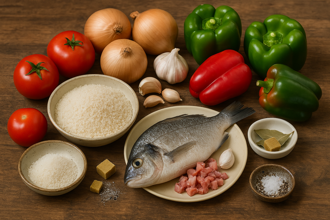 Tous les ingrĂ©dients rĂ©unis : fonio prĂ©cuit, poisson frais, tomates, oignons, poivrons, laurier, ail et lĂ©gumes variĂ©s â prĂȘts Ă mijoter dans un bouillon parfumĂ©.