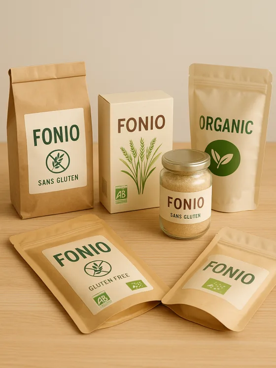Sélection d'emballages de fonio certifié sans gluten de marques françaises et africaines