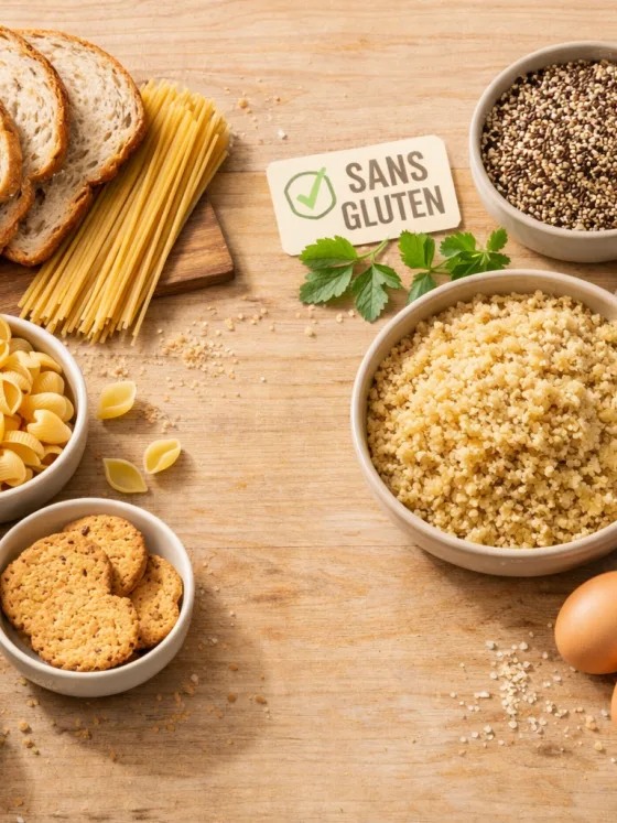 Comparaison visuelle aliments avec et sans gluten : pain, pâtes, céréales alternatives certifiées