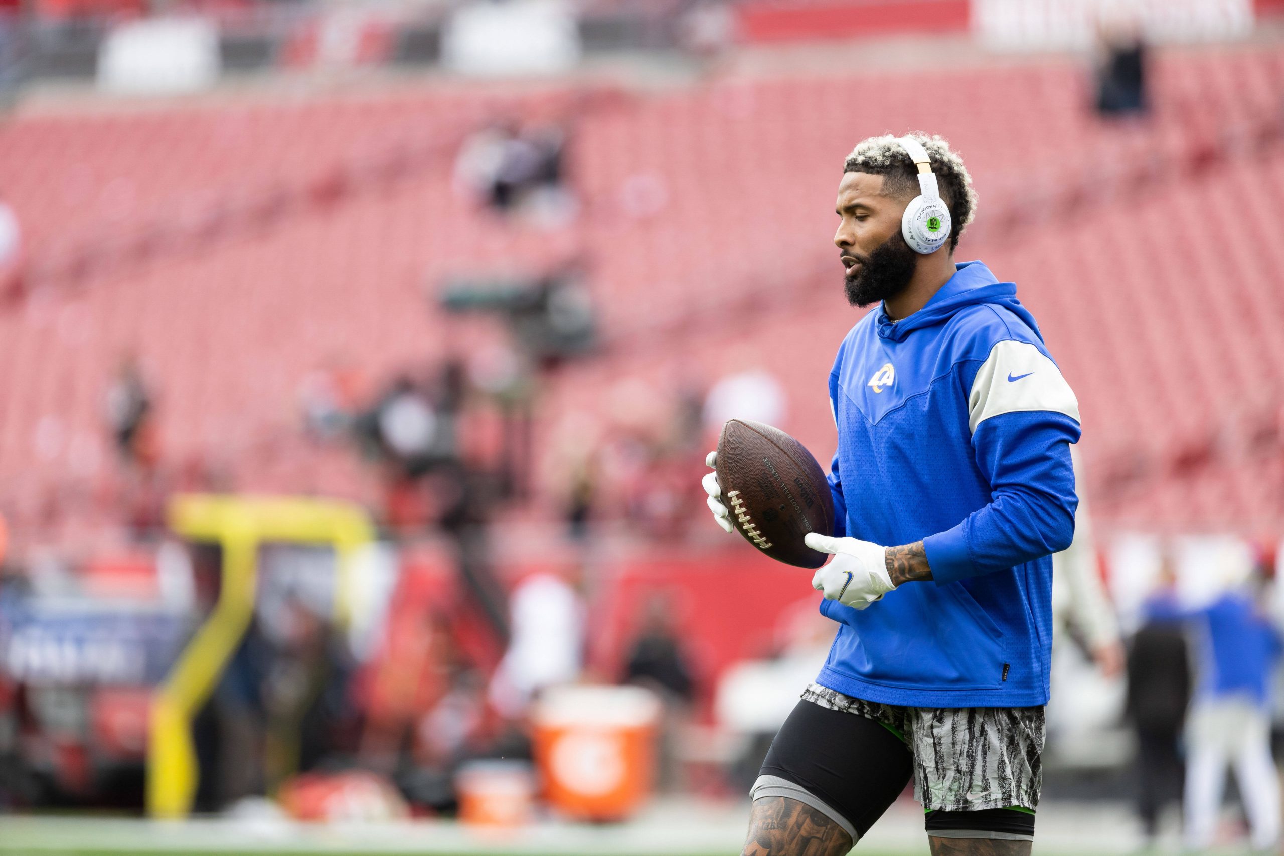 NFL, American Football Herren, USA NFC Divisional Round-Los Angeles Rams at Tampa Bay Buccaneers, Jan 23, 2022 Tampa, Florida, USA Los Angeles Rams wide receiver Odell Beckham Jr. 3 warms up before the game against the Tampa Bay Buccaneers during a NFC Divisional playoff football game at Raymond James Stadium. Mandatory Credit: Matt Pendleton-USA TODAY Sports, 23.01.2022 13:37:47, 17596781, Los Angeles Rams, Odell Beckham Jr, Raymond James Stadium, Tampa Bay Buccaneers, NFL, NFC Divisional PUBLICATIONxINxGERxSUIxAUTxONLY Copyright: xMattxPendletonx 17596781