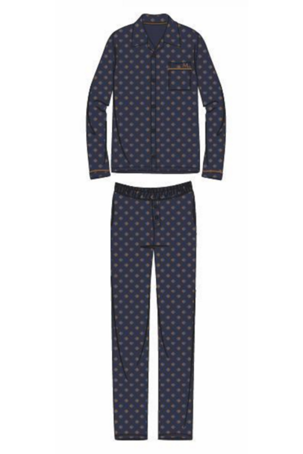 Woody - Manned Heren Pyjama Donkerblauw - Bruin All-Over-Print