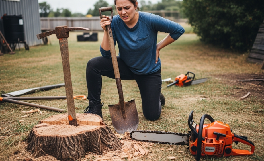 DIY tree stump removal attempt with unsafe tools and technique.