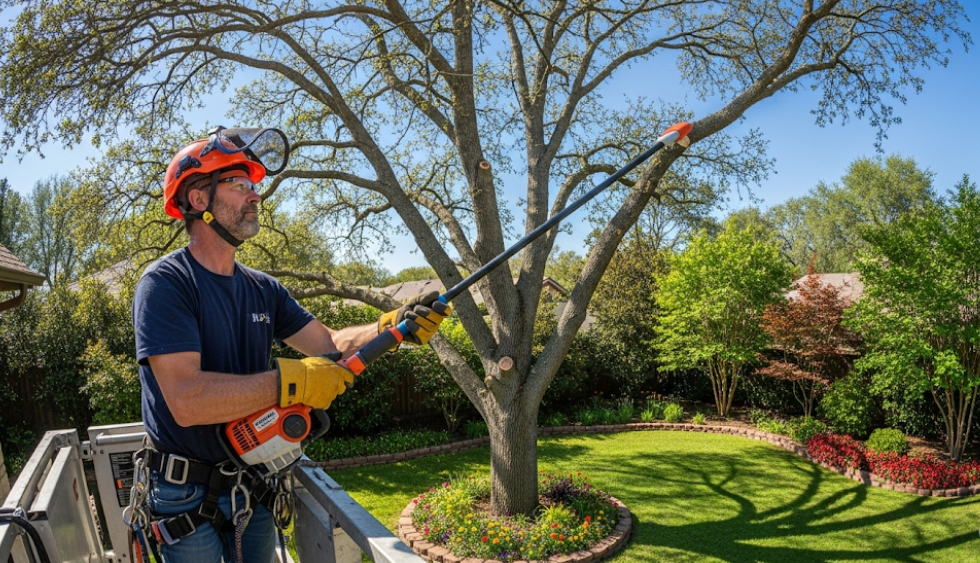 Professional arborist trimming high branches of a residential tree with safety gear.