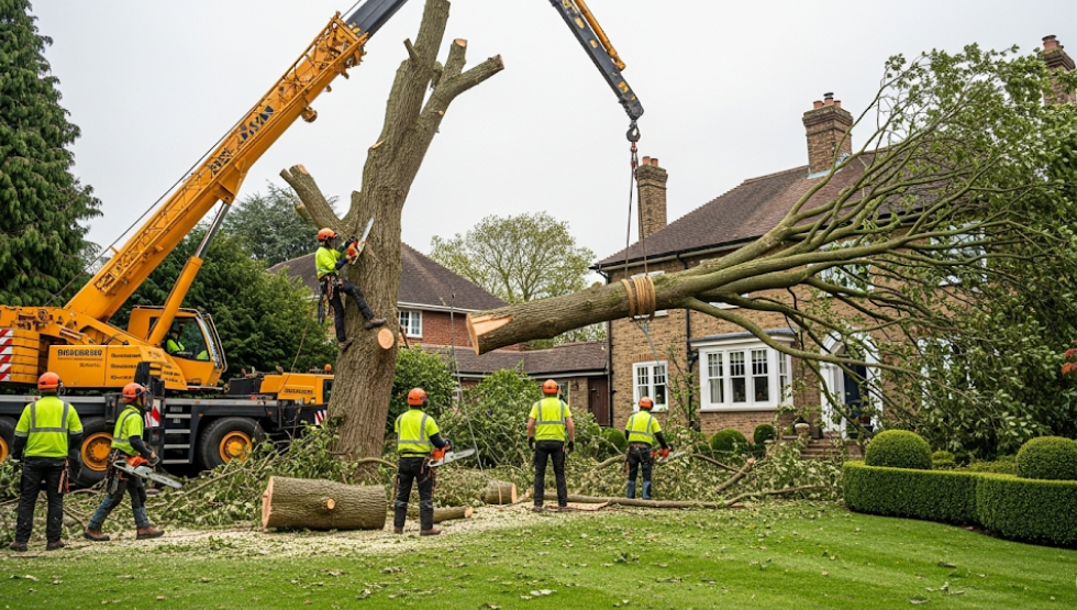 Tree removal professionals cutting down a leaning tree near a home with specialized equipment.