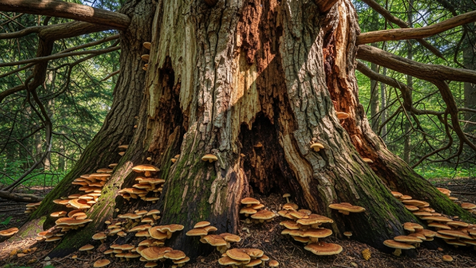 Diseased residential tree with mushrooms at the base and a cracked trunk.