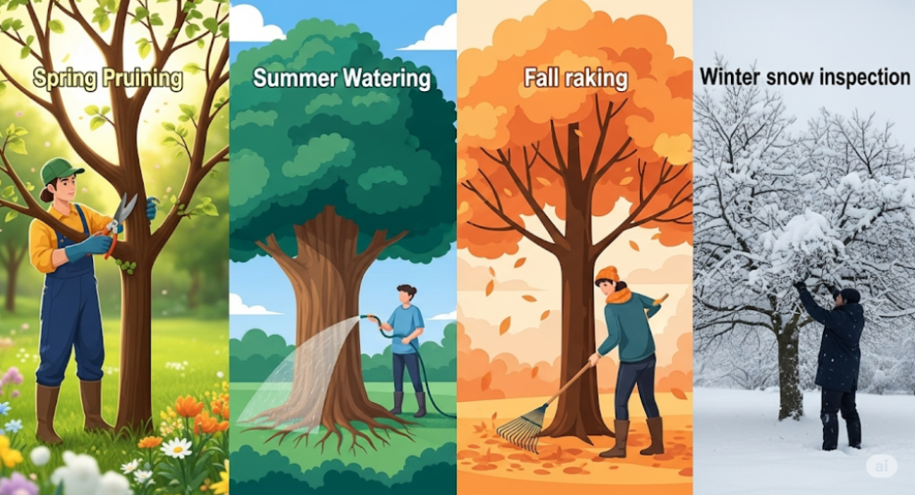 Seasonal tree care illustrations: pruning, watering, leaf removal, and storm damage inspection.