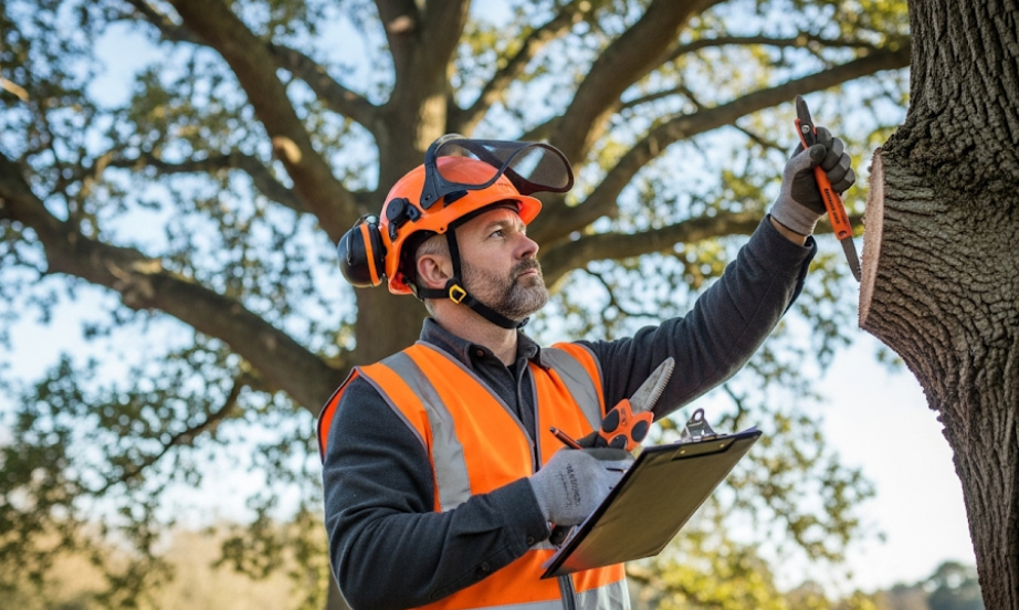 Certified arborist evaluating a tree before removal with safety gear and tools.