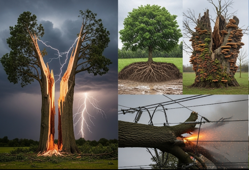 Visual examples of emergency tree situations like storm damage, uprooted trees, and power line interference.